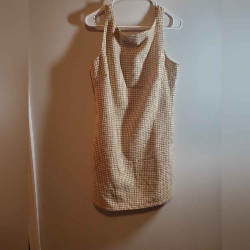 Lola Grace Houndstooth Sparkle Chic Beige Sleeveless Dress with Pockets